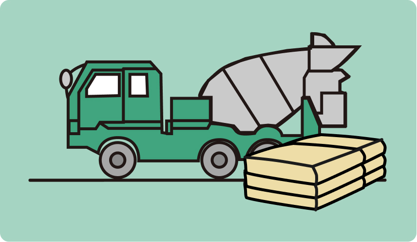 コンクリートミキサー車とその前にセメントが置いてあるイラスト